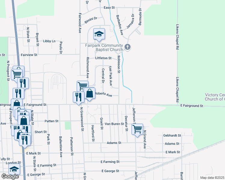 map of restaurants, bars, coffee shops, grocery stores, and more near 789 Fair Park Avenue in Marion