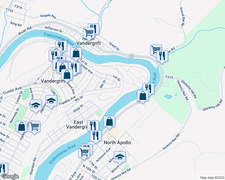 map of restaurants, bars, coffee shops, grocery stores, and more near 134 Franklin Avenue in Vandergrift