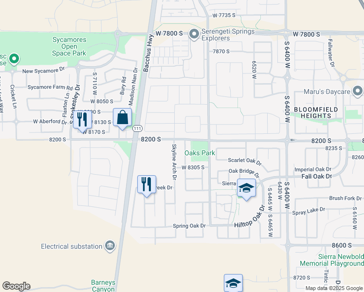 map of restaurants, bars, coffee shops, grocery stores, and more near 8224 Oak Vista Drive in West Jordan