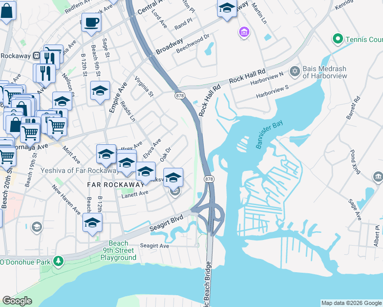 map of restaurants, bars, coffee shops, grocery stores, and more near 3-04 Hicksville Road in Queens