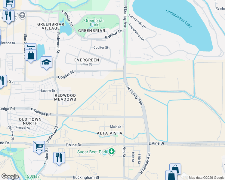 map of restaurants, bars, coffee shops, grocery stores, and more near 1131 Lindenmeier Rd in Fort Collins