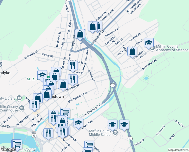 map of restaurants, bars, coffee shops, grocery stores, and more near 10 Feeder Avenue in Lewistown