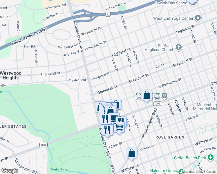 map of restaurants, bars, coffee shops, grocery stores, and more near 3023 Greenleaf Street in Allentown