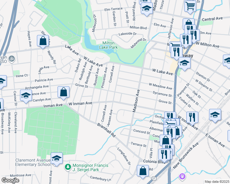 map of restaurants, bars, coffee shops, grocery stores, and more near Jensen Avenue in Rahway