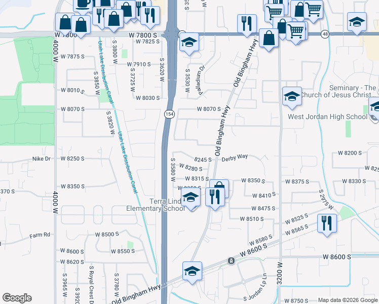 map of restaurants, bars, coffee shops, grocery stores, and more near 3518 8245 South in West Jordan