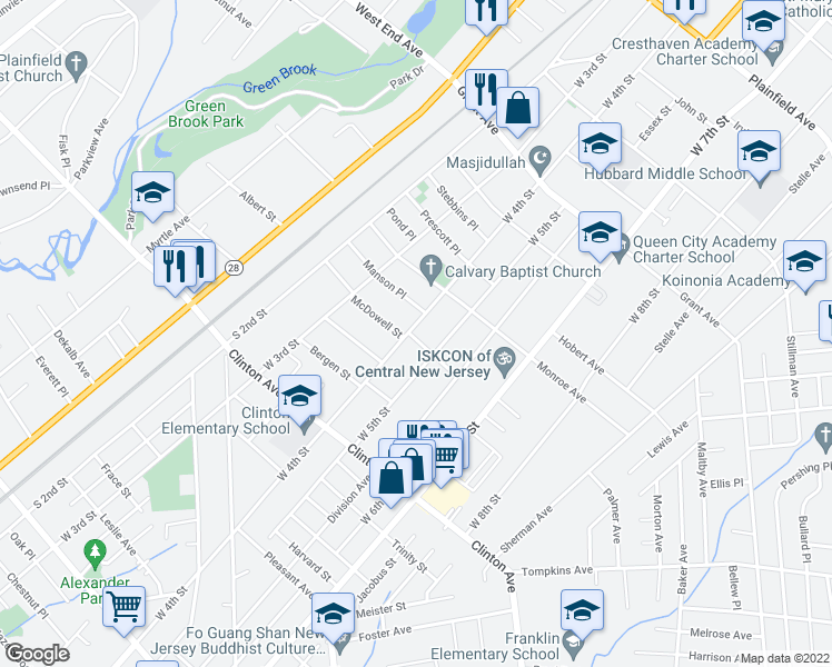 map of restaurants, bars, coffee shops, grocery stores, and more near 1041 West 4th Street in Plainfield