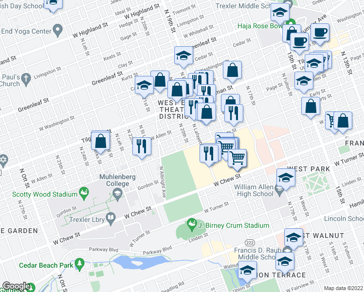 map of restaurants, bars, coffee shops, grocery stores, and more near 2011 Liberty Street in Allentown
