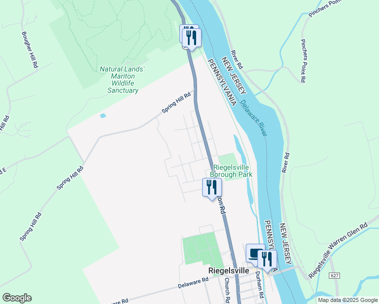 map of restaurants, bars, coffee shops, grocery stores, and more near 303 Poplar Road in Riegelsville