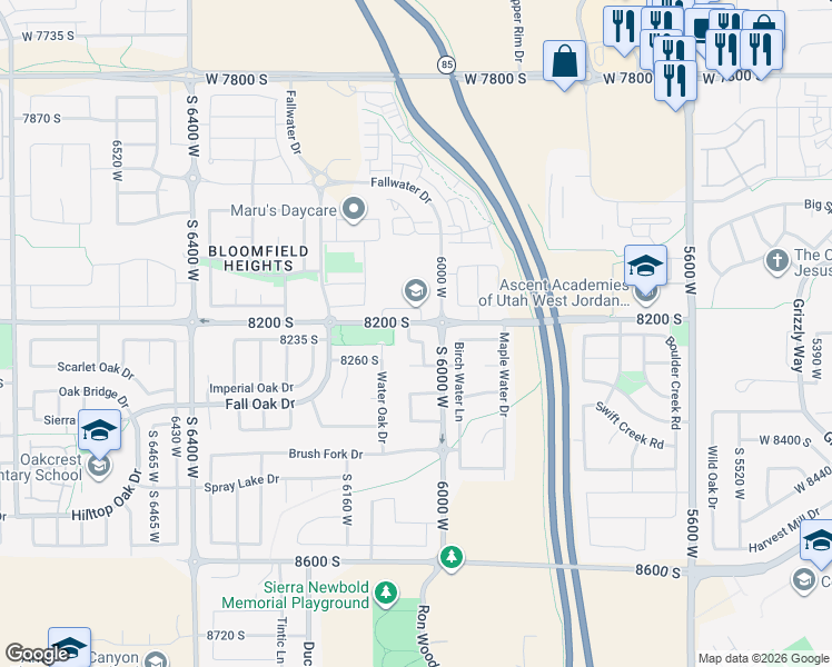 map of restaurants, bars, coffee shops, grocery stores, and more near 6036 Oak Fork Drive in West Jordan