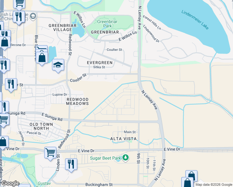 map of restaurants, bars, coffee shops, grocery stores, and more near 1131 Lindenmeier Rd in Fort Collins