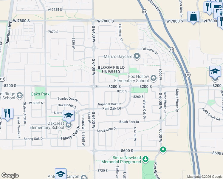 map of restaurants, bars, coffee shops, grocery stores, and more near 6306 8235 South in West Jordan