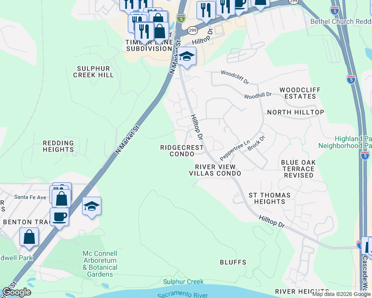 map of restaurants, bars, coffee shops, grocery stores, and more near 488 Ridgetop Drive in Redding