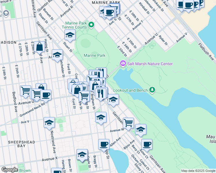 map of restaurants, bars, coffee shops, grocery stores, and more near 2220 Burnett Street in Brooklyn