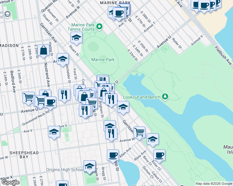 map of restaurants, bars, coffee shops, grocery stores, and more near 2220 Burnett Street in Brooklyn