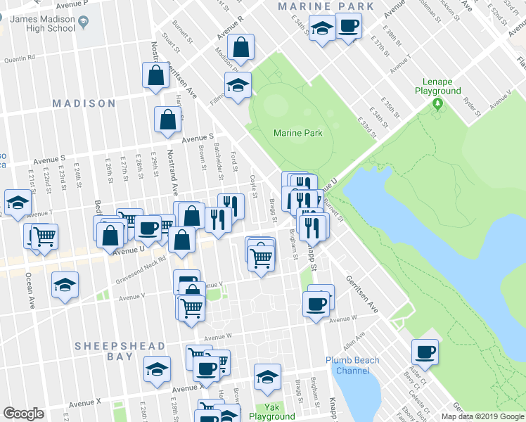 map of restaurants, bars, coffee shops, grocery stores, and more near 2054 Bragg Street in Brooklyn
