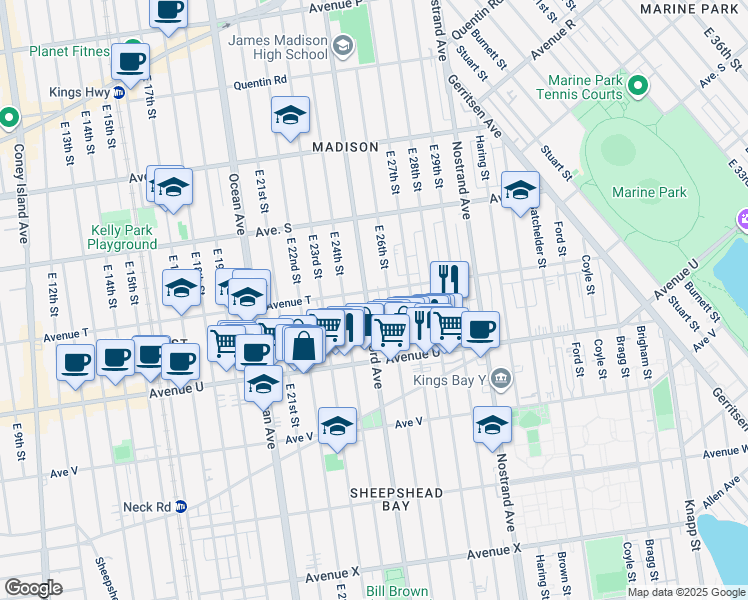 map of restaurants, bars, coffee shops, grocery stores, and more near 4093 Bedford Avenue in Brooklyn