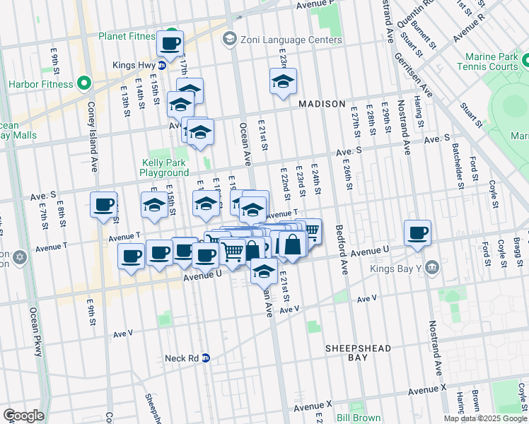 map of restaurants, bars, coffee shops, grocery stores, and more near 2009 Avenue T in Brooklyn