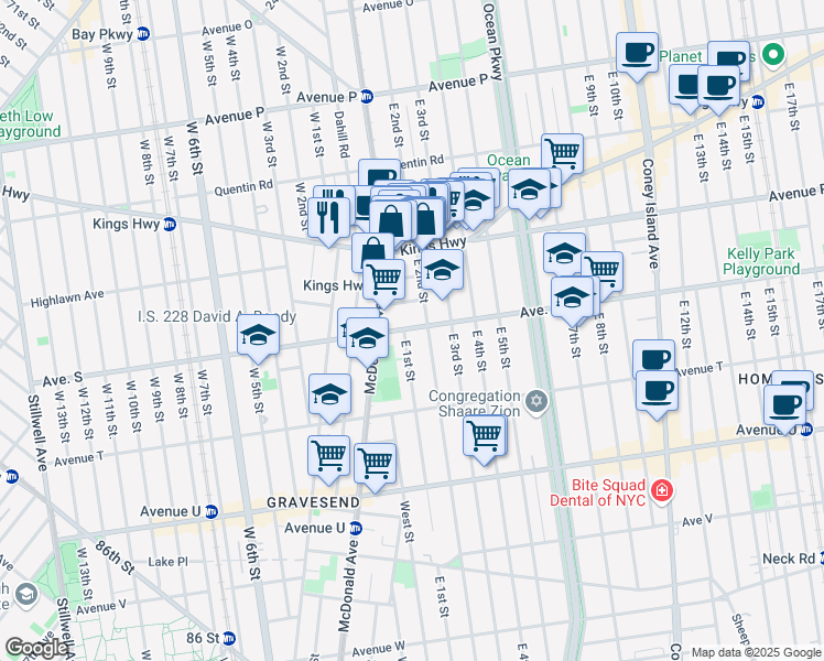 map of restaurants, bars, coffee shops, grocery stores, and more near 387 Avenue S in Brooklyn