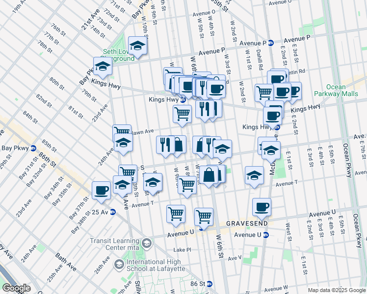 map of restaurants, bars, coffee shops, grocery stores, and more near 1856 West 7th Street in Brooklyn