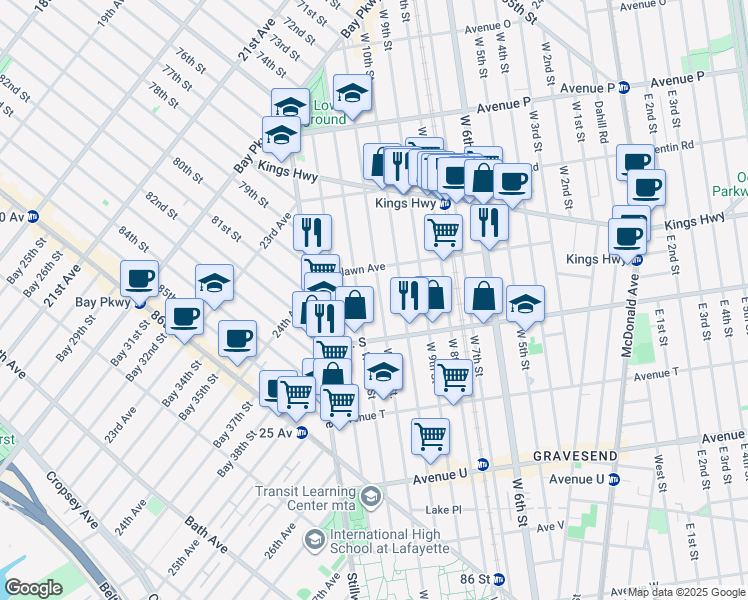 map of restaurants, bars, coffee shops, grocery stores, and more near 1839 West 11th Street in Brooklyn