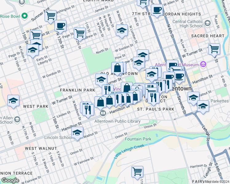 map of restaurants, bars, coffee shops, grocery stores, and more near 1031 Linden Street in Allentown