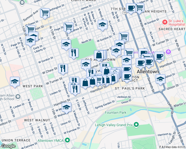 map of restaurants, bars, coffee shops, grocery stores, and more near 123 North Poplar Street in Allentown