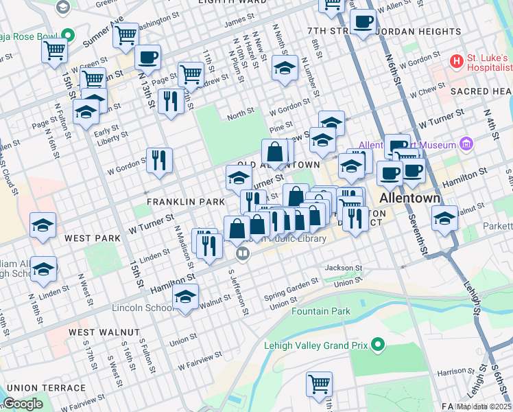 map of restaurants, bars, coffee shops, grocery stores, and more near 123 North Poplar Street in Allentown