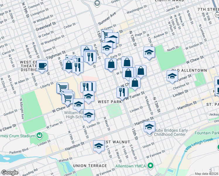 map of restaurants, bars, coffee shops, grocery stores, and more near 317 North 16th Street in Allentown