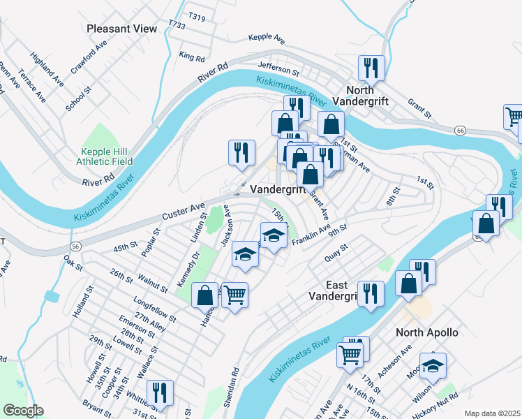 map of restaurants, bars, coffee shops, grocery stores, and more near 206 Hancock Avenue in Vandergrift