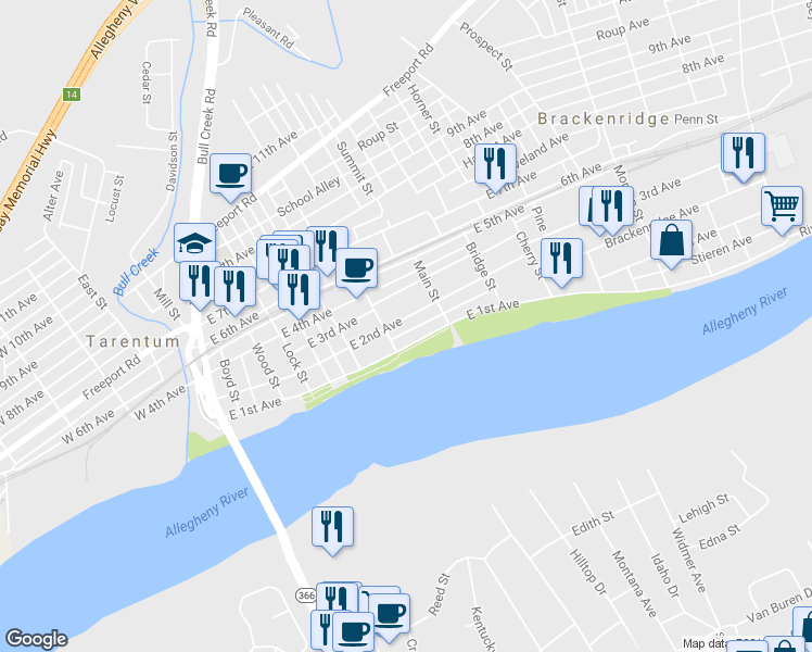 map of restaurants, bars, coffee shops, grocery stores, and more near 516 E 2nd Ave in Tarentum