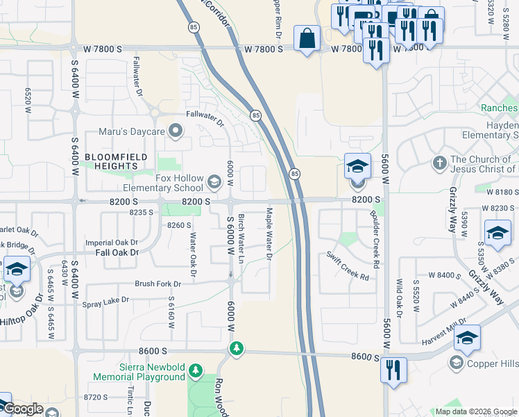 map of restaurants, bars, coffee shops, grocery stores, and more near 5926 Birch Water Ln in West Jordan