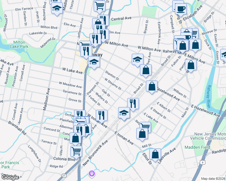 map of restaurants, bars, coffee shops, grocery stores, and more near 175 West Lake Avenue in Rahway