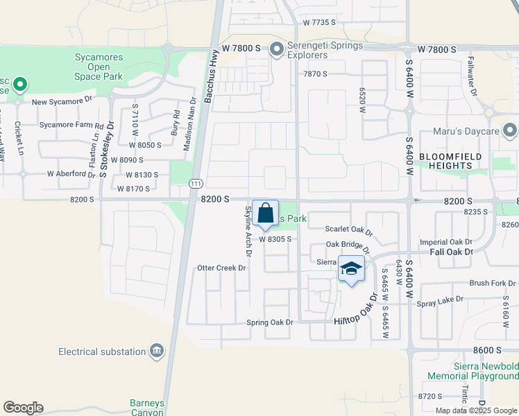 map of restaurants, bars, coffee shops, grocery stores, and more near 8224 Oak Vista Drive in West Jordan