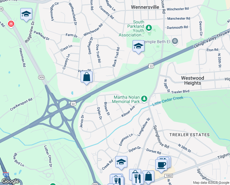map of restaurants, bars, coffee shops, grocery stores, and more near 1135 North Whitman Street in Allentown
