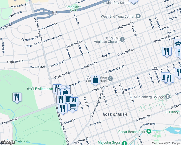 map of restaurants, bars, coffee shops, grocery stores, and more near 823 North Main Street in Allentown