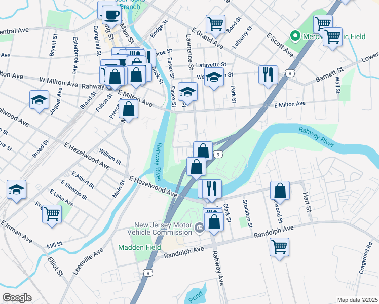 map of restaurants, bars, coffee shops, grocery stores, and more near 1360 U.S. 1 in Rahway