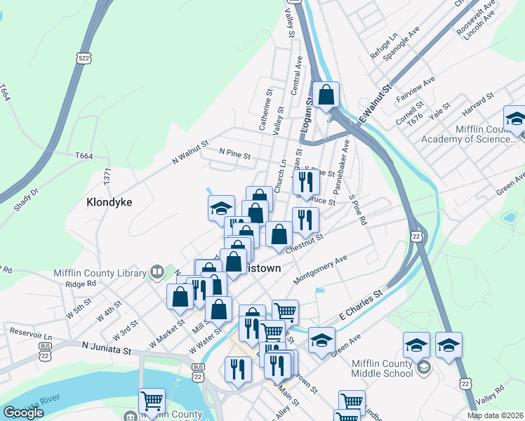 map of restaurants, bars, coffee shops, grocery stores, and more near 146 Valley Street in Lewistown