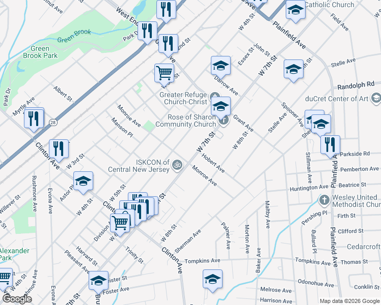map of restaurants, bars, coffee shops, grocery stores, and more near 958 West 7th Street in Plainfield