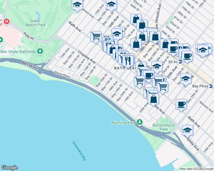 map of restaurants, bars, coffee shops, grocery stores, and more near 8872 18th Avenue in Brooklyn