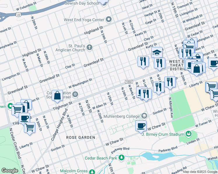 map of restaurants, bars, coffee shops, grocery stores, and more near 2433 Tilghman Street in Allentown