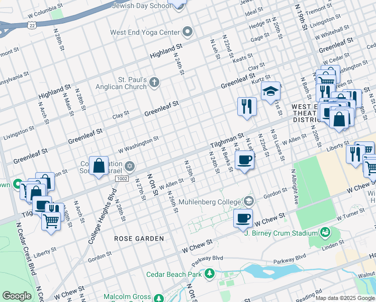 map of restaurants, bars, coffee shops, grocery stores, and more near 2433 Tilghman Street in Allentown