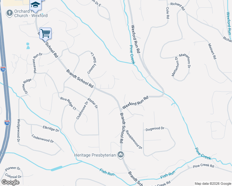 map of restaurants, bars, coffee shops, grocery stores, and more near 2498 Brandt School Road in Wexford