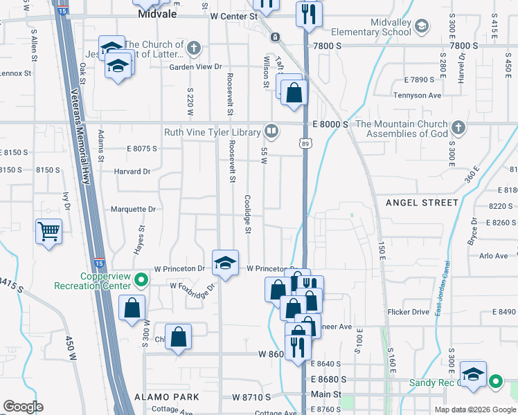 map of restaurants, bars, coffee shops, grocery stores, and more near 8244 Wood Street in Midvale