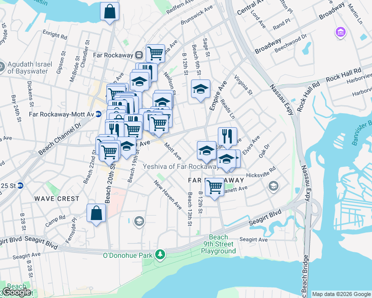 map of restaurants, bars, coffee shops, grocery stores, and more near 1222A Caffrey Avenue in Queens
