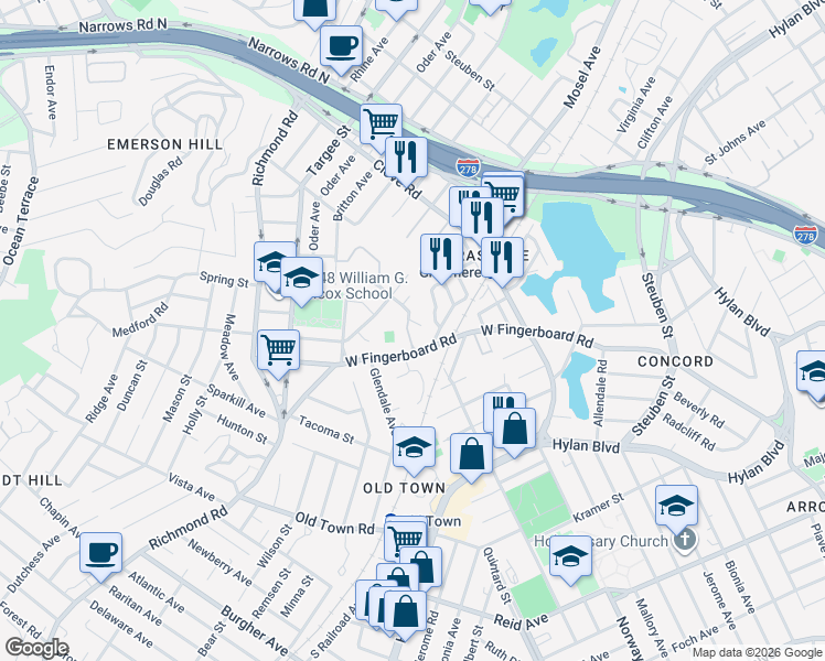 map of restaurants, bars, coffee shops, grocery stores, and more near 35 Stonegate Drive in Staten Island