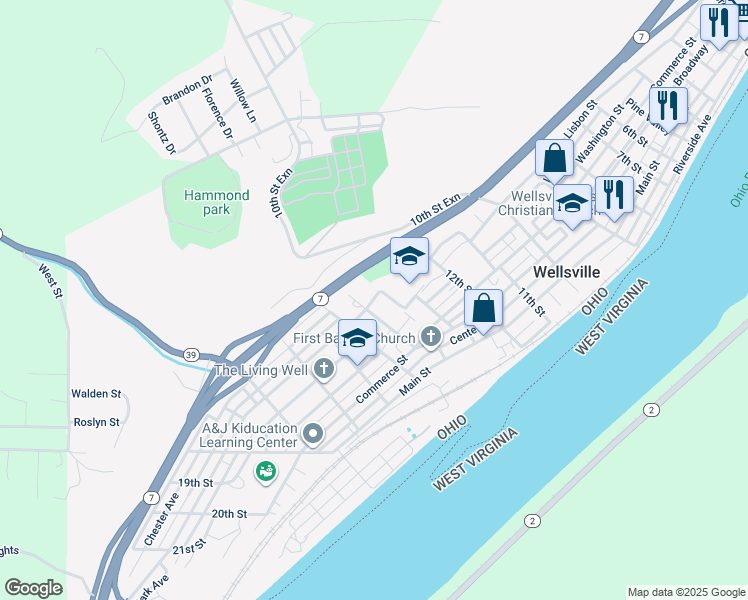 map of restaurants, bars, coffee shops, grocery stores, and more near Bengal Boulevard in Wellsville