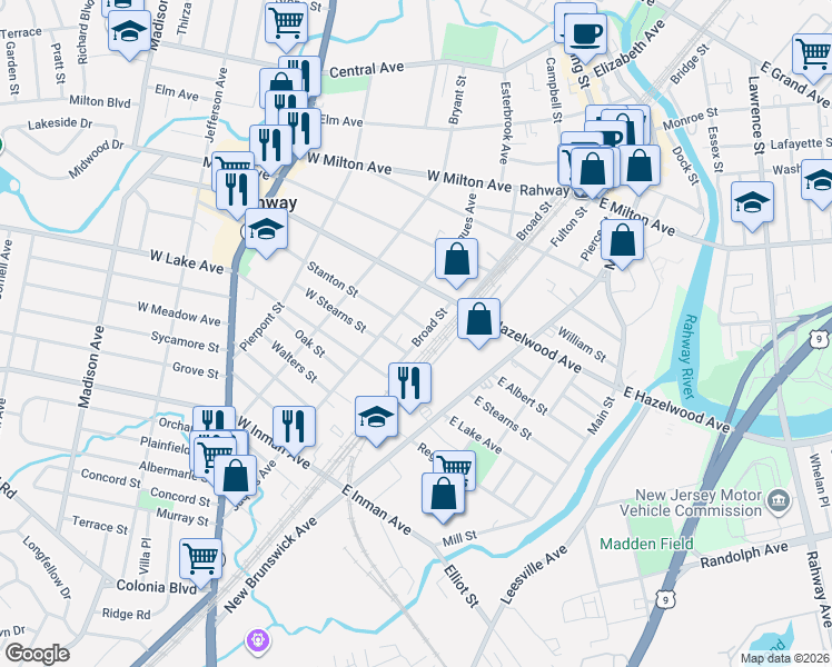 map of restaurants, bars, coffee shops, grocery stores, and more near 908 Broad Street in Rahway
