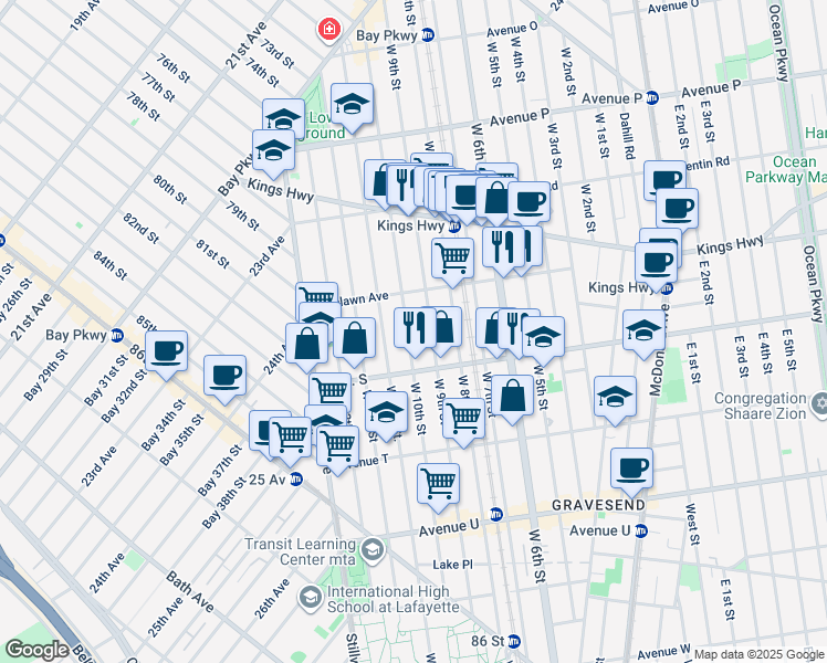 map of restaurants, bars, coffee shops, grocery stores, and more near 1845 West 10th Street in Brooklyn