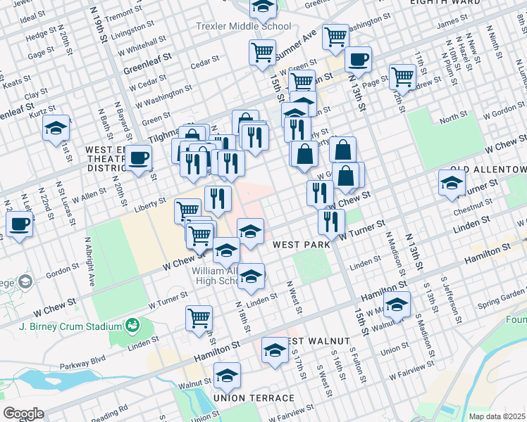map of restaurants, bars, coffee shops, grocery stores, and more near 331 North West Street in Allentown