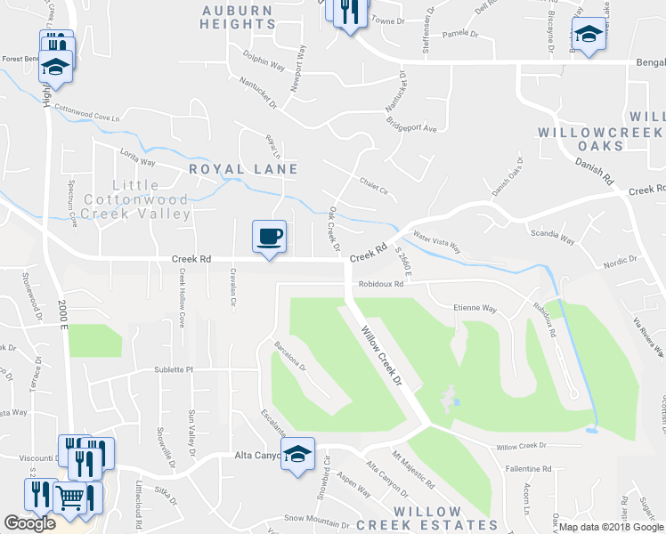 map of restaurants, bars, coffee shops, grocery stores, and more near 2542 Creek Road in Sandy